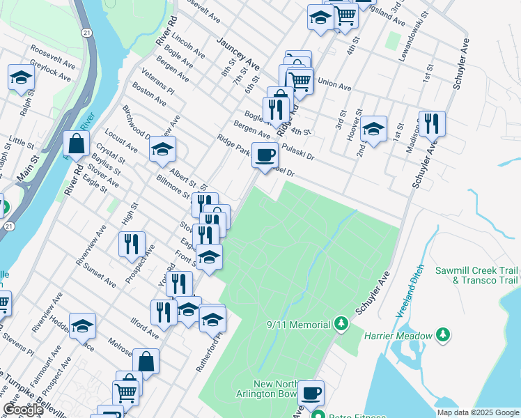 map of restaurants, bars, coffee shops, grocery stores, and more near in North Arlington