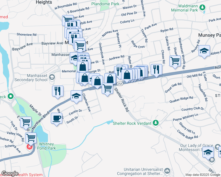map of restaurants, bars, coffee shops, grocery stores, and more near 1370 Northern Boulevard in Manhasset