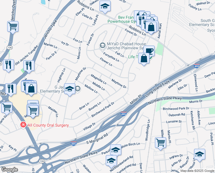 map of restaurants, bars, coffee shops, grocery stores, and more near 20 Middle Lane in Jericho