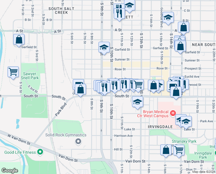map of restaurants, bars, coffee shops, grocery stores, and more near 934 Plum Street in Lincoln