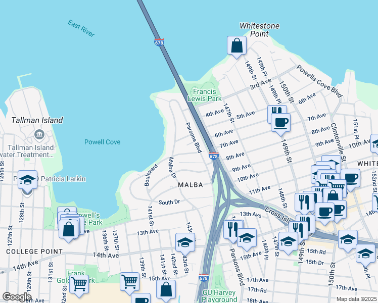 map of restaurants, bars, coffee shops, grocery stores, and more near 6 Boulevard in Queens