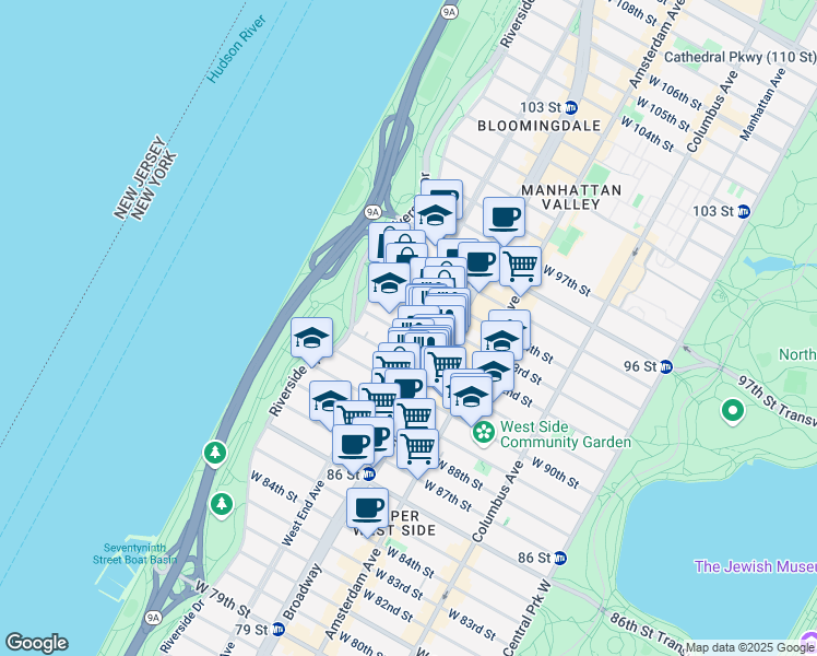 map of restaurants, bars, coffee shops, grocery stores, and more near 666 West End Avenue in New York