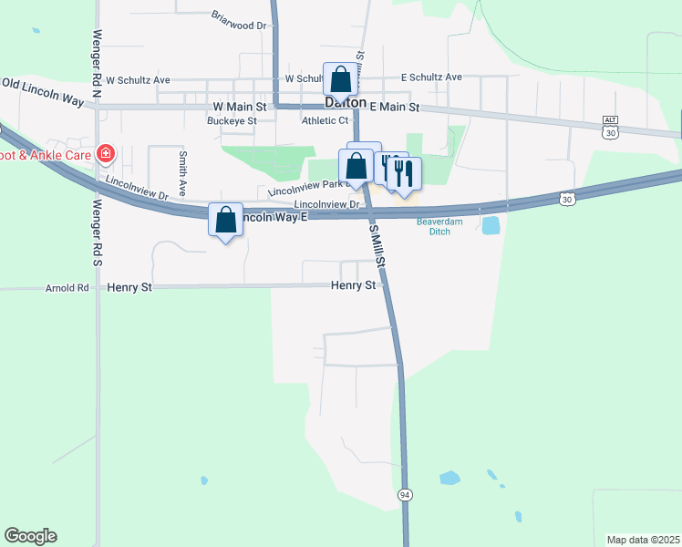 map of restaurants, bars, coffee shops, grocery stores, and more near 110 Henry Street in Dalton