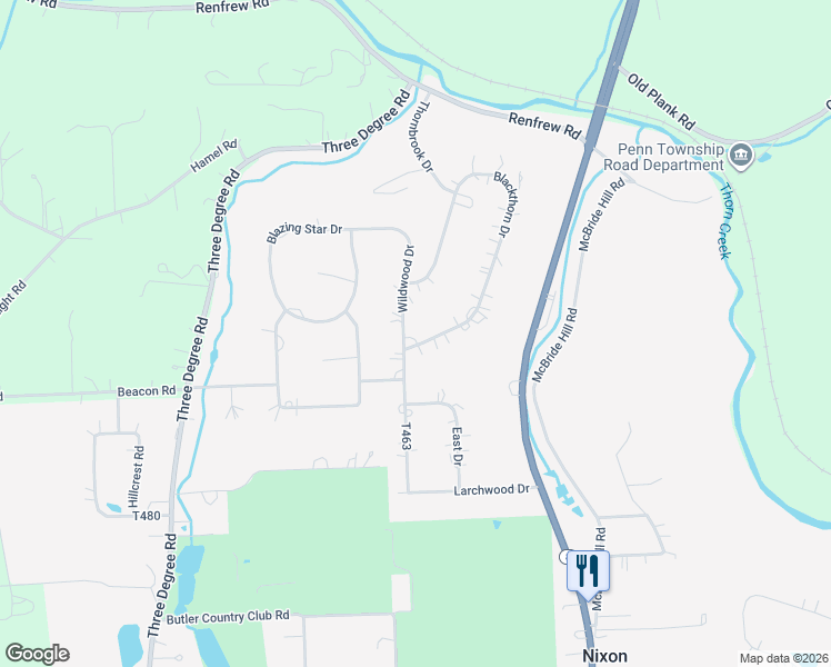 map of restaurants, bars, coffee shops, grocery stores, and more near 105 Wildwood Drive in Butler