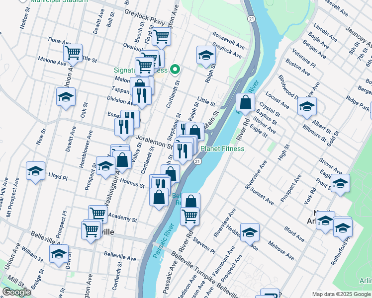 map of restaurants, bars, coffee shops, grocery stores, and more near 382 Main St in Belleville
