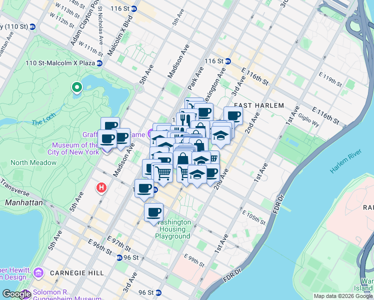 map of restaurants, bars, coffee shops, grocery stores, and more near 156 East 107th Street in New York
