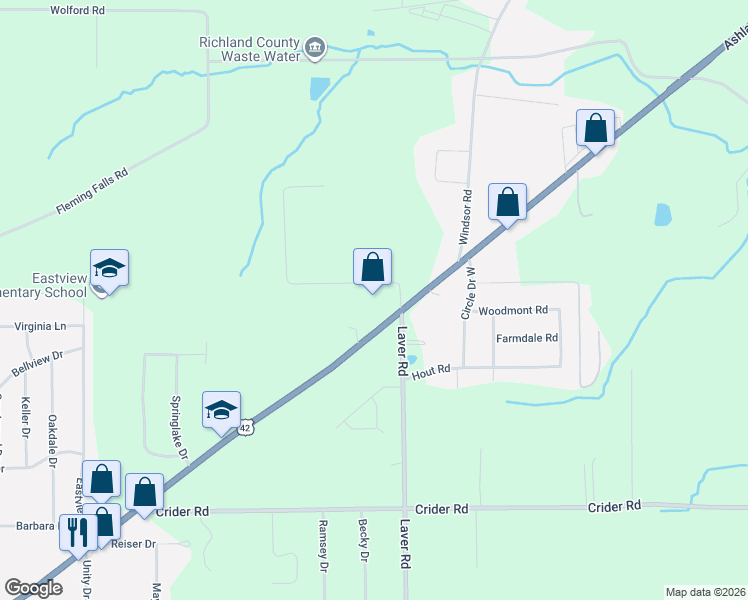 map of restaurants, bars, coffee shops, grocery stores, and more near 1767 Ashland Road in Mansfield