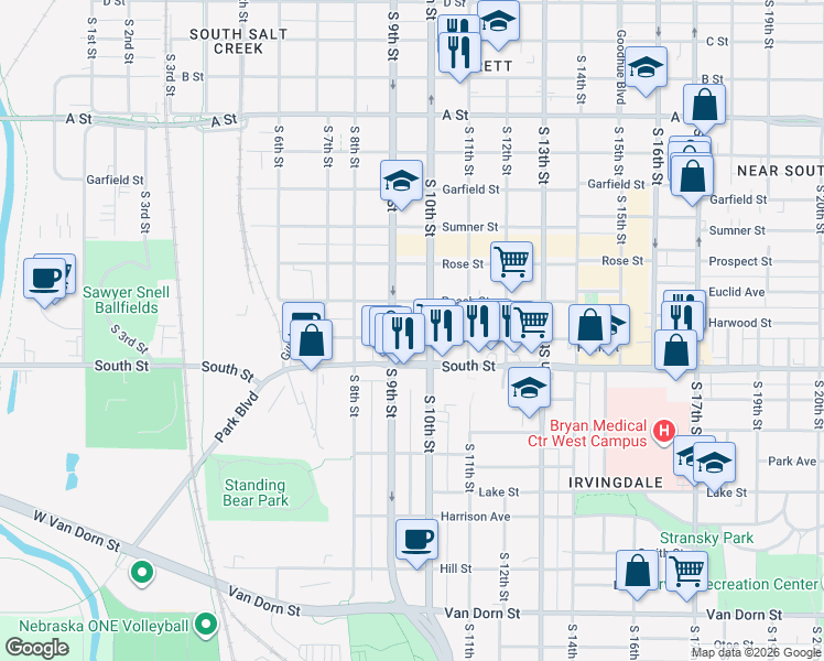 map of restaurants, bars, coffee shops, grocery stores, and more near 917 Plum Street in Lincoln