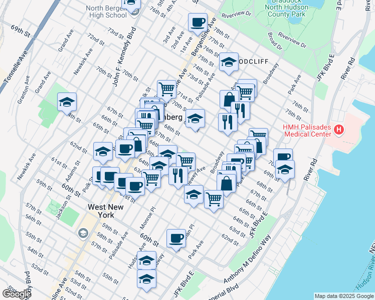 map of restaurants, bars, coffee shops, grocery stores, and more near 300 67th Street in West New York