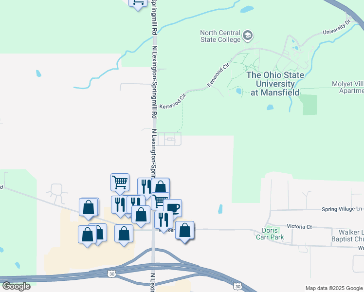 map of restaurants, bars, coffee shops, grocery stores, and more near 1482 North Lexington-Springmill Road in Ontario