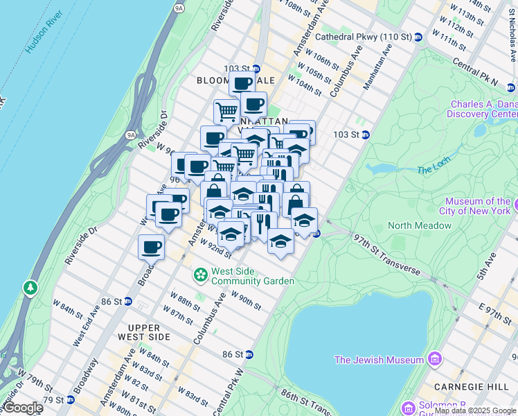map of restaurants, bars, coffee shops, grocery stores, and more near 750 Columbus Avenue in New York