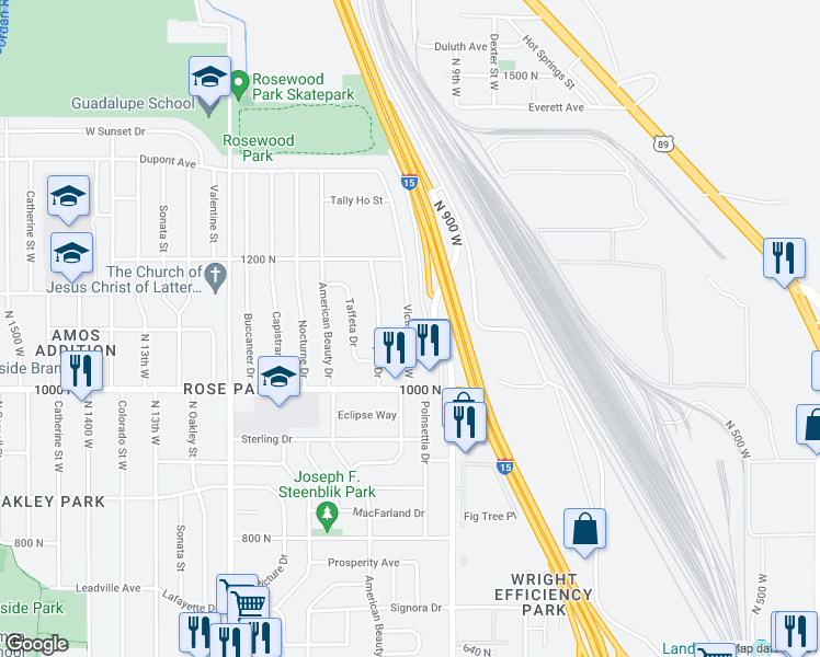 map of restaurants, bars, coffee shops, grocery stores, and more near 927 1100 North in Salt Lake City
