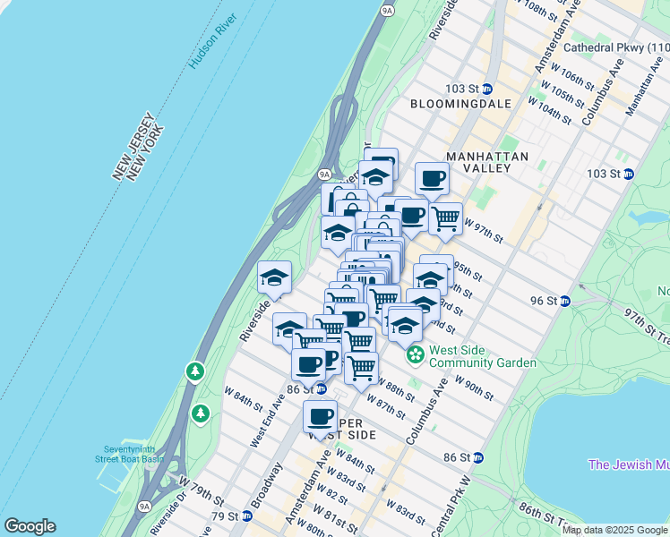 map of restaurants, bars, coffee shops, grocery stores, and more near 665 West End Avenue in New York