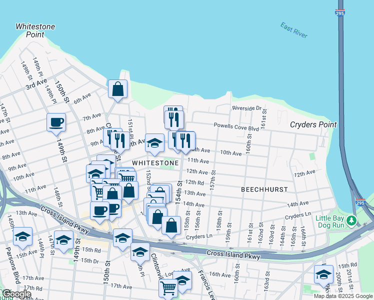 map of restaurants, bars, coffee shops, grocery stores, and more near 1030 154th Street in Queens