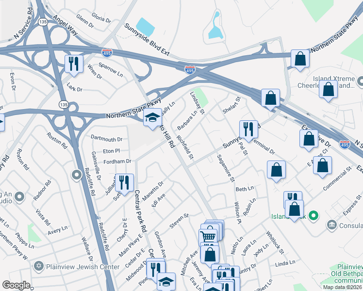 map of restaurants, bars, coffee shops, grocery stores, and more near 289 Manetto Hill Road in Plainview