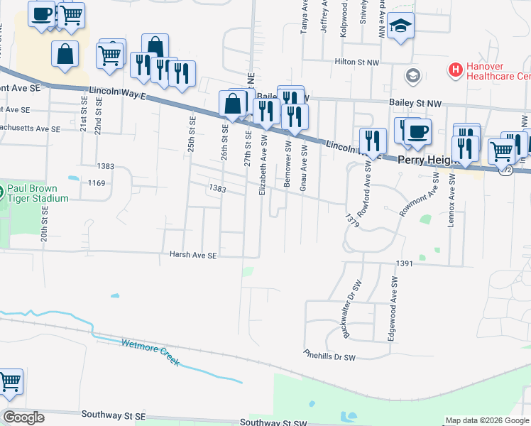 map of restaurants, bars, coffee shops, grocery stores, and more near 323 Bernower Avenue Southwest in Massillon