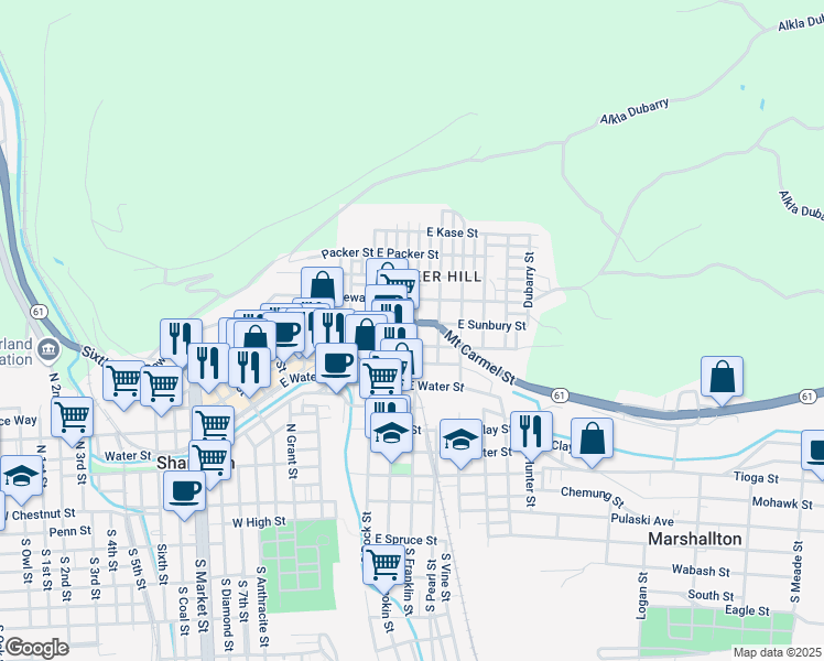 map of restaurants, bars, coffee shops, grocery stores, and more near 701 North Shamokin Street in Shamokin