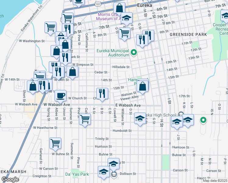 map of restaurants, bars, coffee shops, grocery stores, and more near 1615 C Street in Eureka
