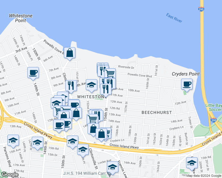 map of restaurants, bars, coffee shops, grocery stores, and more near 1030 154th Street in Queens