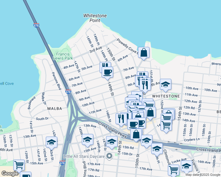 map of restaurants, bars, coffee shops, grocery stores, and more near 148-18 9th Avenue in Queens