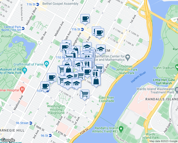 map of restaurants, bars, coffee shops, grocery stores, and more near 300 East 109th Street in New York