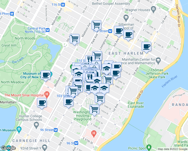 map of restaurants, bars, coffee shops, grocery stores, and more near in New York