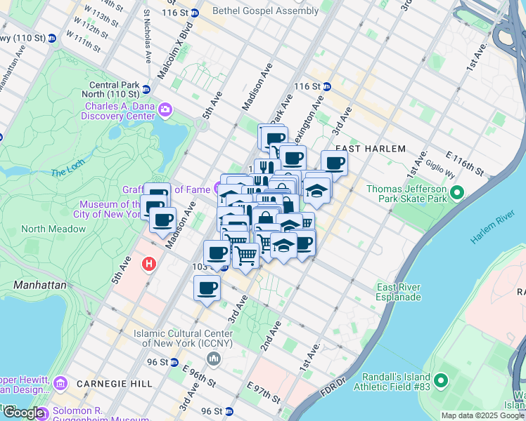 map of restaurants, bars, coffee shops, grocery stores, and more near 156 East 107th Street in New York