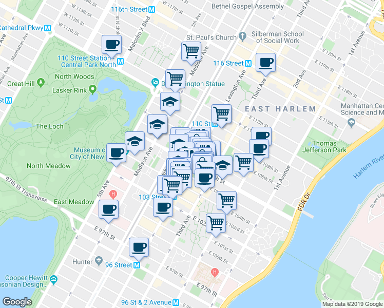 map of restaurants, bars, coffee shops, grocery stores, and more near in New York
