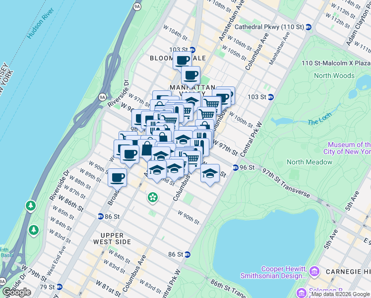 map of restaurants, bars, coffee shops, grocery stores, and more near 134 West 95th Street in New York