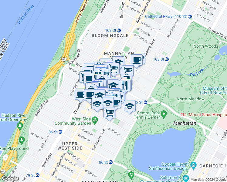 map of restaurants, bars, coffee shops, grocery stores, and more near 134 West 95th Street in New York
