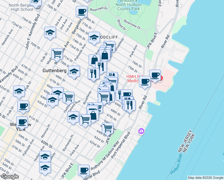 map of restaurants, bars, coffee shops, grocery stores, and more near 76 70th Street in Guttenberg