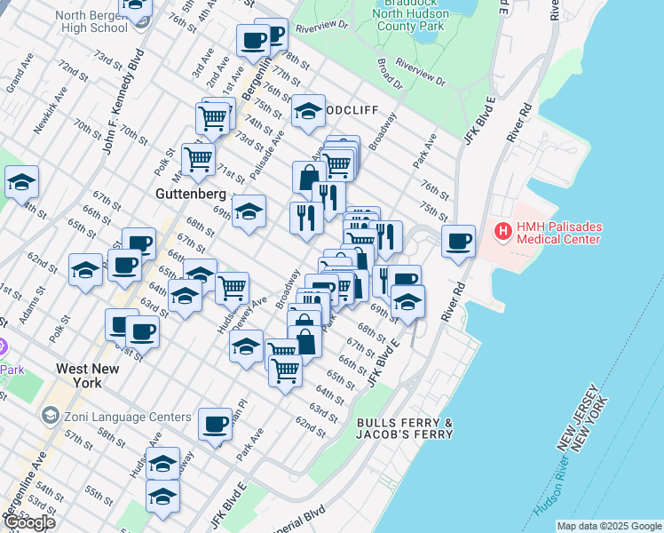 map of restaurants, bars, coffee shops, grocery stores, and more near in Guttenberg