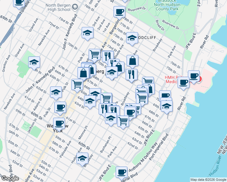 map of restaurants, bars, coffee shops, grocery stores, and more near 300 67th Street in West New York