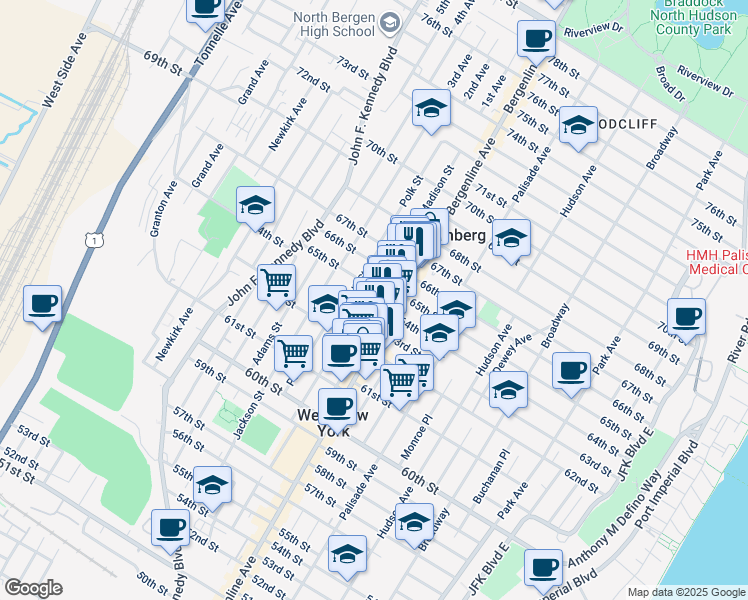 map of restaurants, bars, coffee shops, grocery stores, and more near 6310 Madison Street in West New York