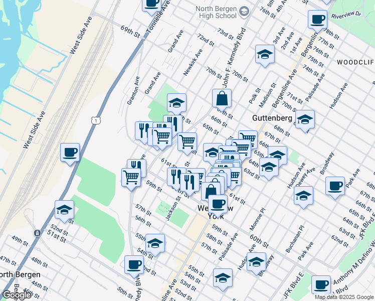 map of restaurants, bars, coffee shops, grocery stores, and more near 6122 Jefferson Street in West New York