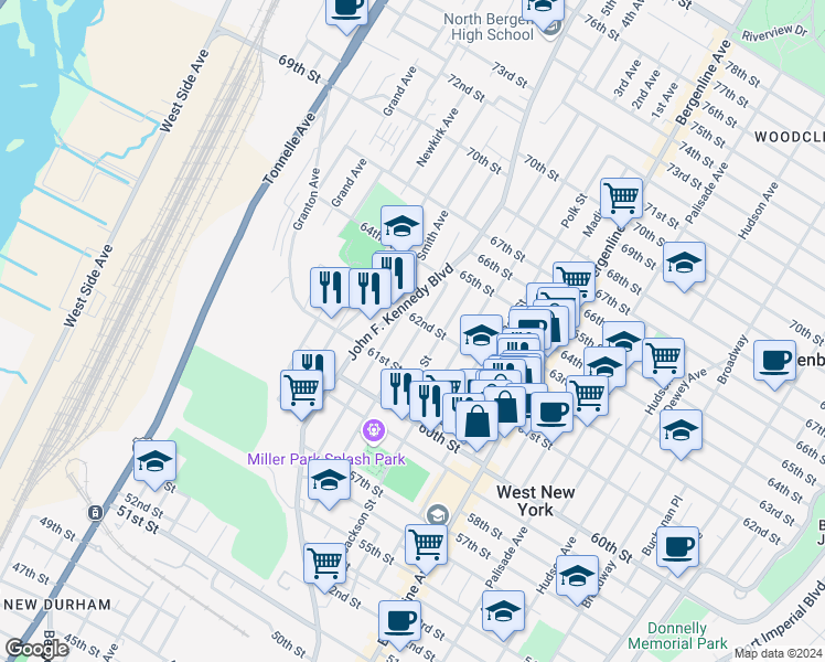 map of restaurants, bars, coffee shops, grocery stores, and more near 6122 Jefferson Street in West New York