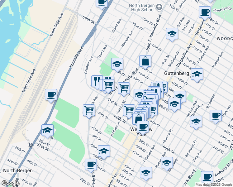 map of restaurants, bars, coffee shops, grocery stores, and more near 6122 Jefferson Street in West New York