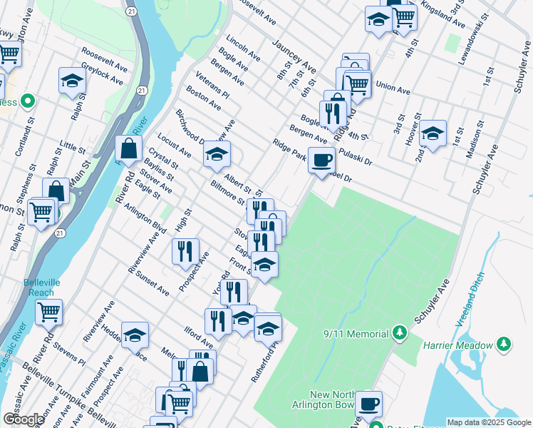 map of restaurants, bars, coffee shops, grocery stores, and more near 28 Biltmore Street in North Arlington