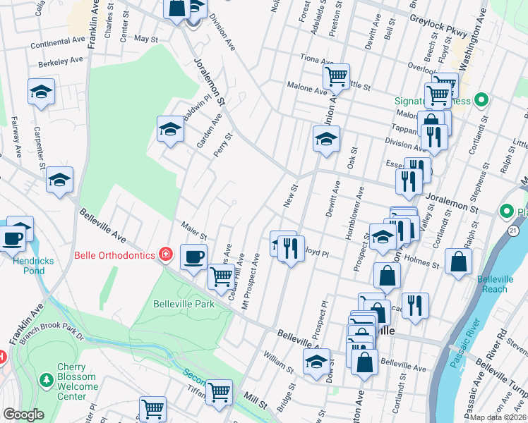 map of restaurants, bars, coffee shops, grocery stores, and more near 138 Cedar Hill Avenue in Belleville
