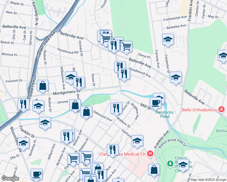 map of restaurants, bars, coffee shops, grocery stores, and more near 84 Montgomery Street in Bloomfield
