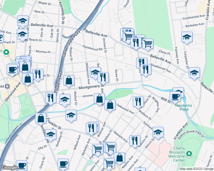 map of restaurants, bars, coffee shops, grocery stores, and more near 114 Montgomery Street in Bloomfield