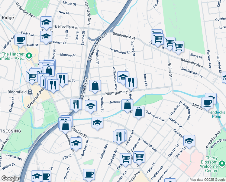 map of restaurants, bars, coffee shops, grocery stores, and more near 190 Montgomery Street in Bloomfield