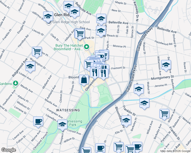 map of restaurants, bars, coffee shops, grocery stores, and more near 288 Glenwood Avenue in Bloomfield
