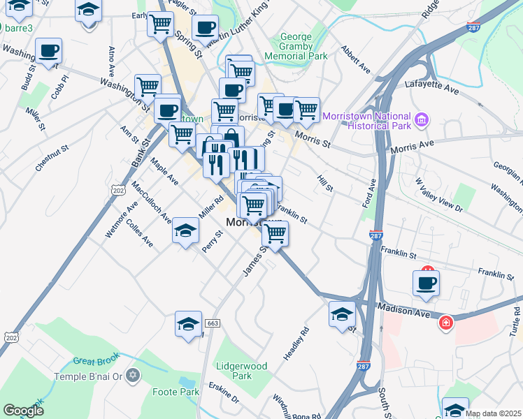map of restaurants, bars, coffee shops, grocery stores, and more near in Morristown