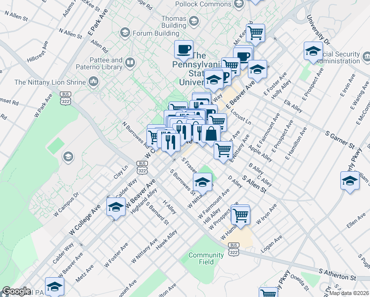 map of restaurants, bars, coffee shops, grocery stores, and more near in State College