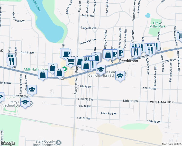 map of restaurants, bars, coffee shops, grocery stores, and more near 112 Brooklyn Avenue Southwest in Canton