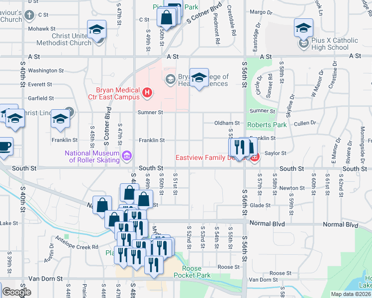 map of restaurants, bars, coffee shops, grocery stores, and more near 1941 South 52nd Street in Lincoln