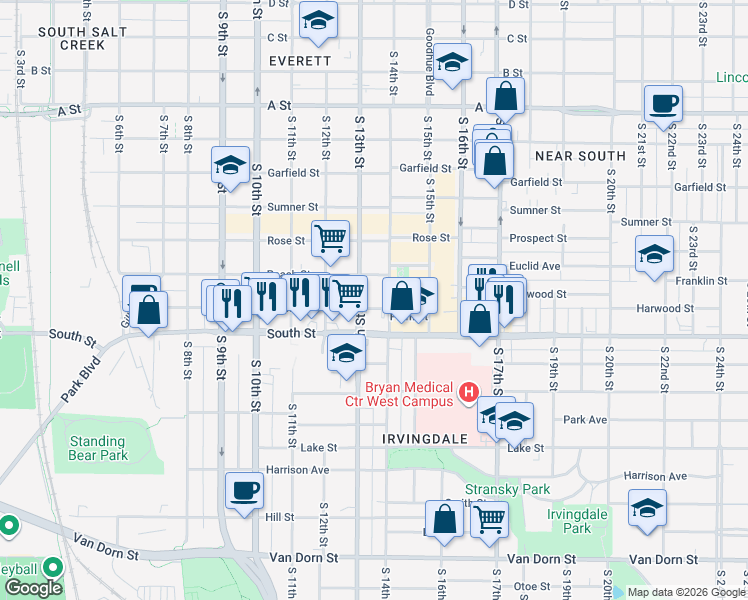 map of restaurants, bars, coffee shops, grocery stores, and more near 1333 Plum Street in Lincoln