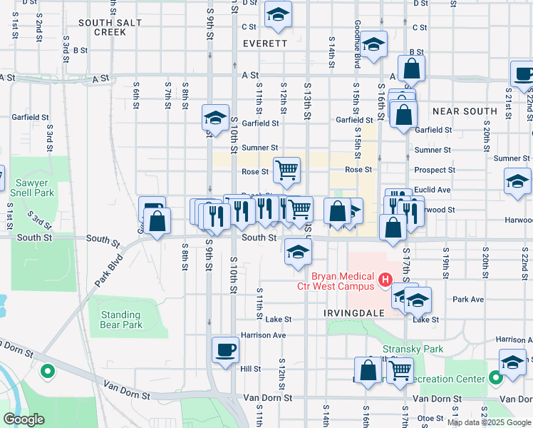map of restaurants, bars, coffee shops, grocery stores, and more near 1117 Plum Street in Lincoln