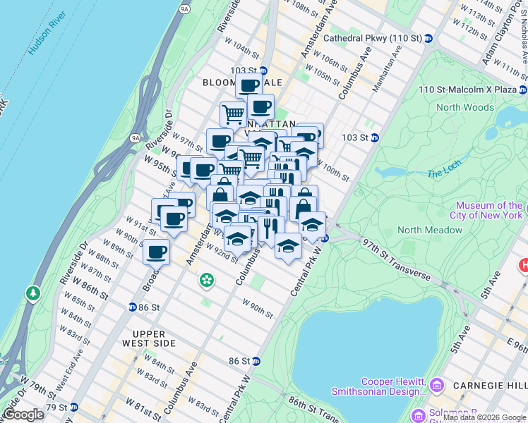 map of restaurants, bars, coffee shops, grocery stores, and more near 750 Columbus Avenue in New York